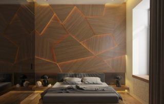 mur en plaques de bois et led